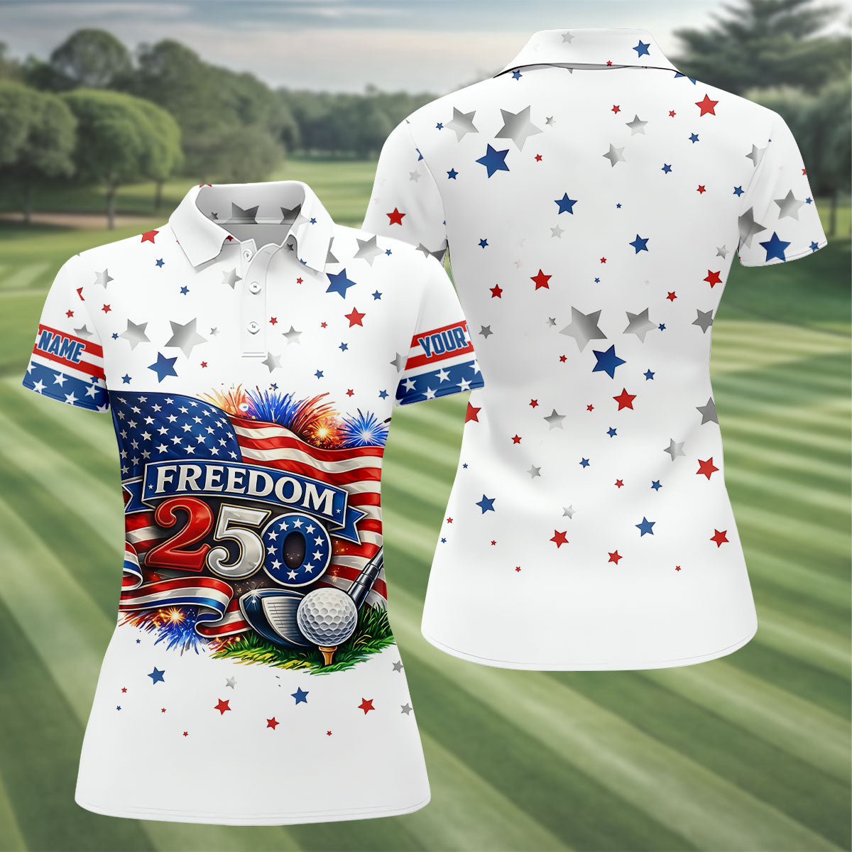 Freedom 250 Independence Celebration American Flag Golf Shirt, Patriotic 4th Of July Golf Shirt For Women