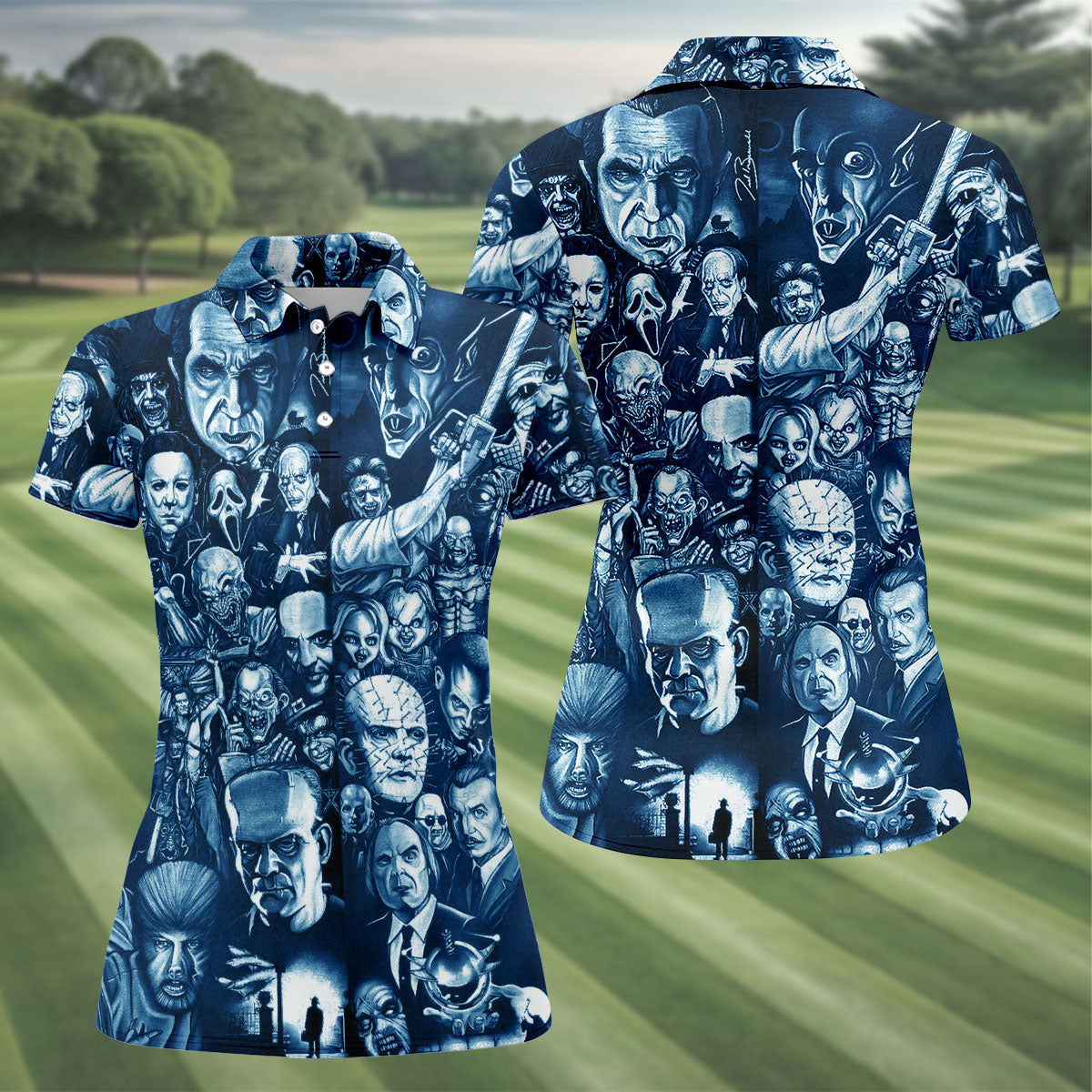 Horror Character Collage Halloween Polo Shirt, Printed Golf Shirt, Golf Tops For Women