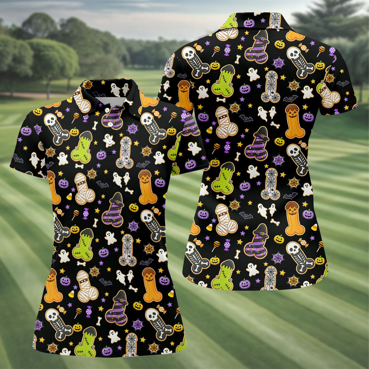 Funny Adult Halloween Cookie Pattern Polo Shirt, Ladies Golf Top, Printed Golf Shirt
