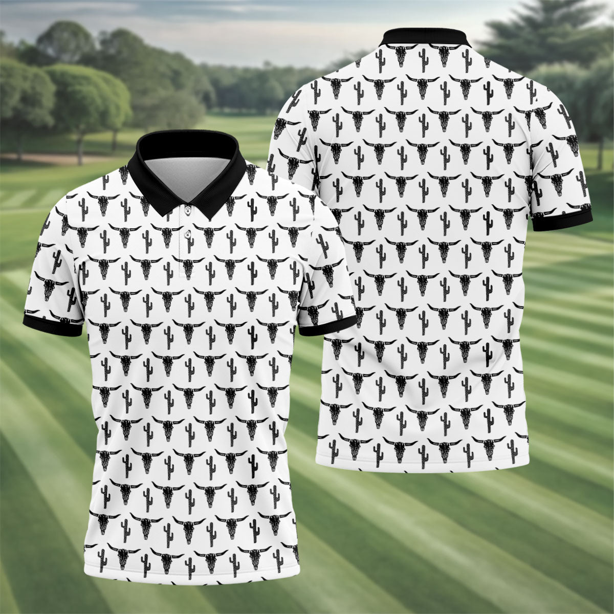 Longhorn Cow Skull Western Theme White Golf Tops For Men, Polo ShirtFor Men, Golf Shirts For Men
