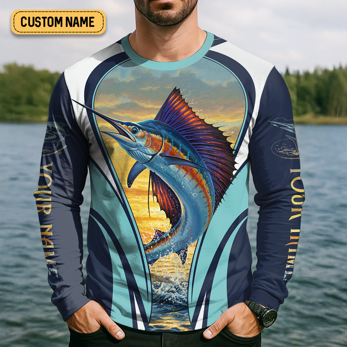 Marlin Fishing Shirts, Sunset Serenity, Ocean's Majesty, SPF Long Sleeve Shirts, Fishing Shirts For Men