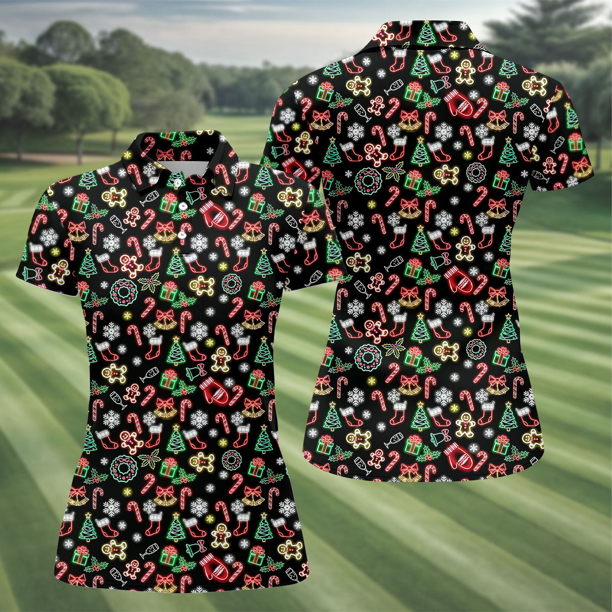Neon Christmas Pattern Black Golf Polo ShirtFunny Golf Shirts Women, Christmas Golf Gift, Ladies Golf Shirts