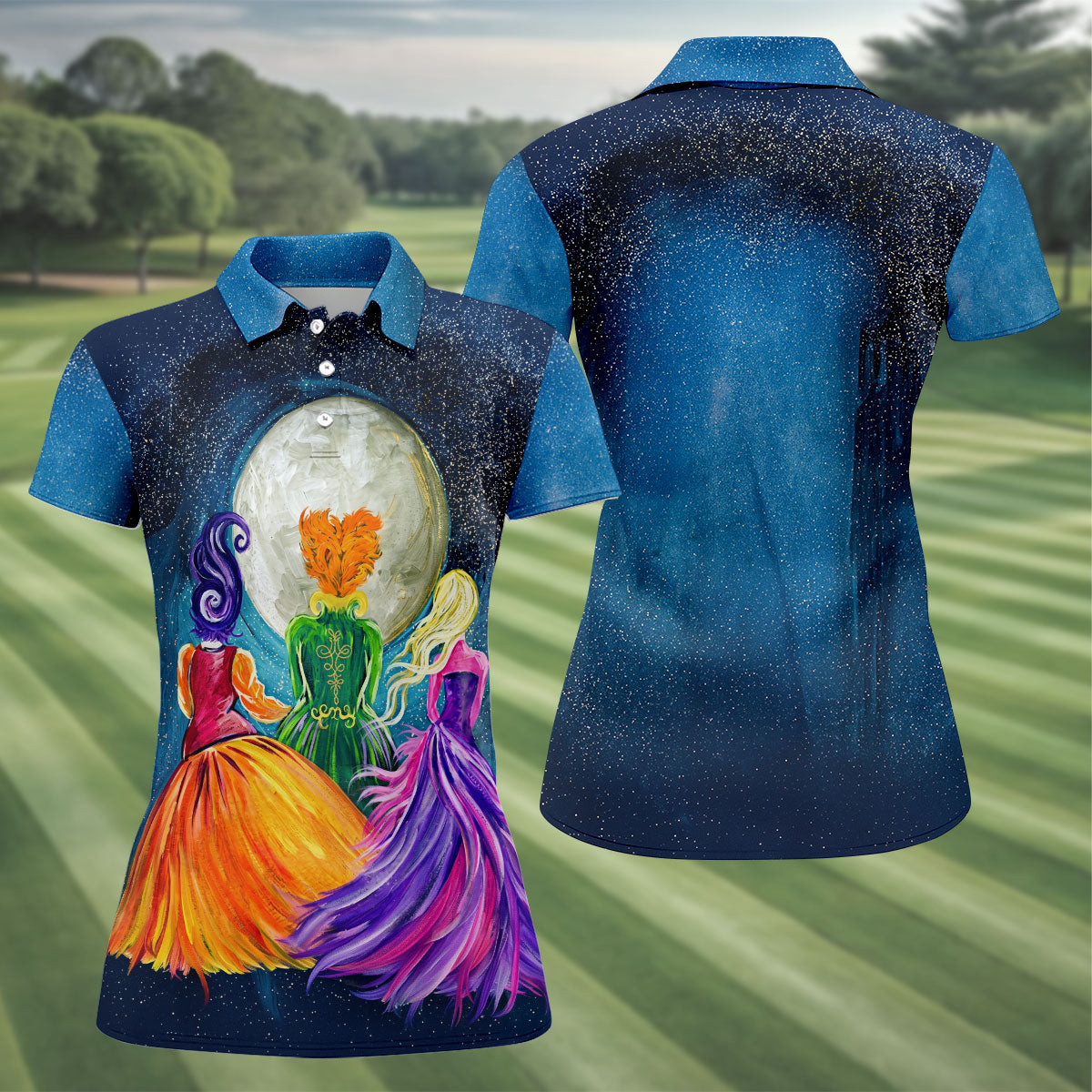 Moonlit Witch Sisters Halloween Polo Shirt, Golf Shirts For Women, Women’s Golf Apparel