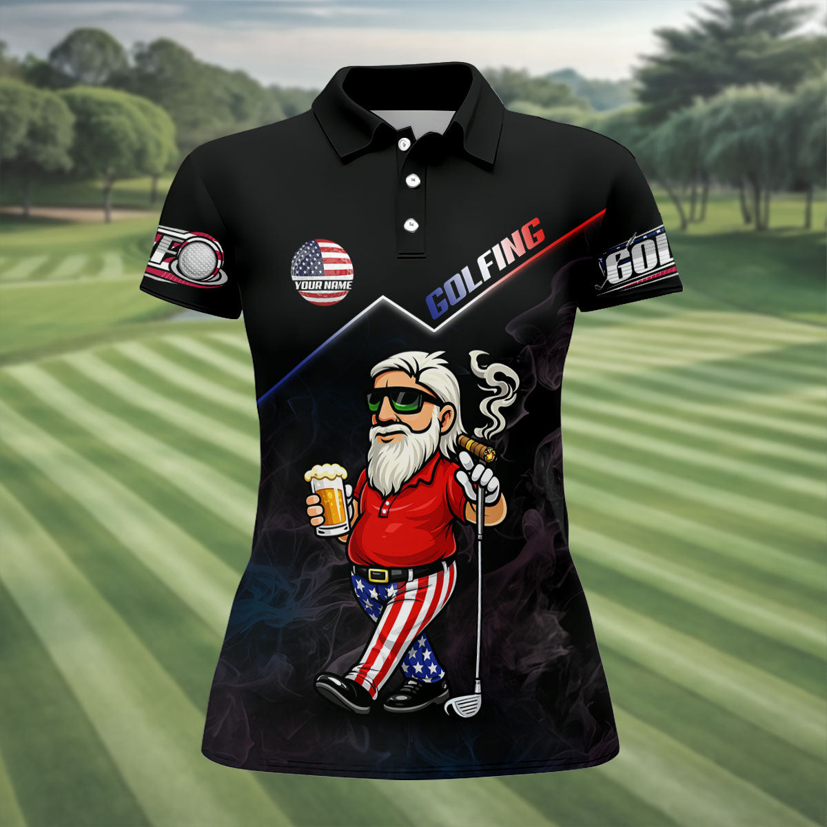 Patriotic Man Golf And Beer Custom Name Funny 4th Of July Golf Shirt, 250th Anniversary Golf Shirt For Women