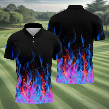 Black Blue Flame Fire Pattern Golf Shirt, Men's Golf Shirt, Mens Polo Shirts, Printed Golf Shirts