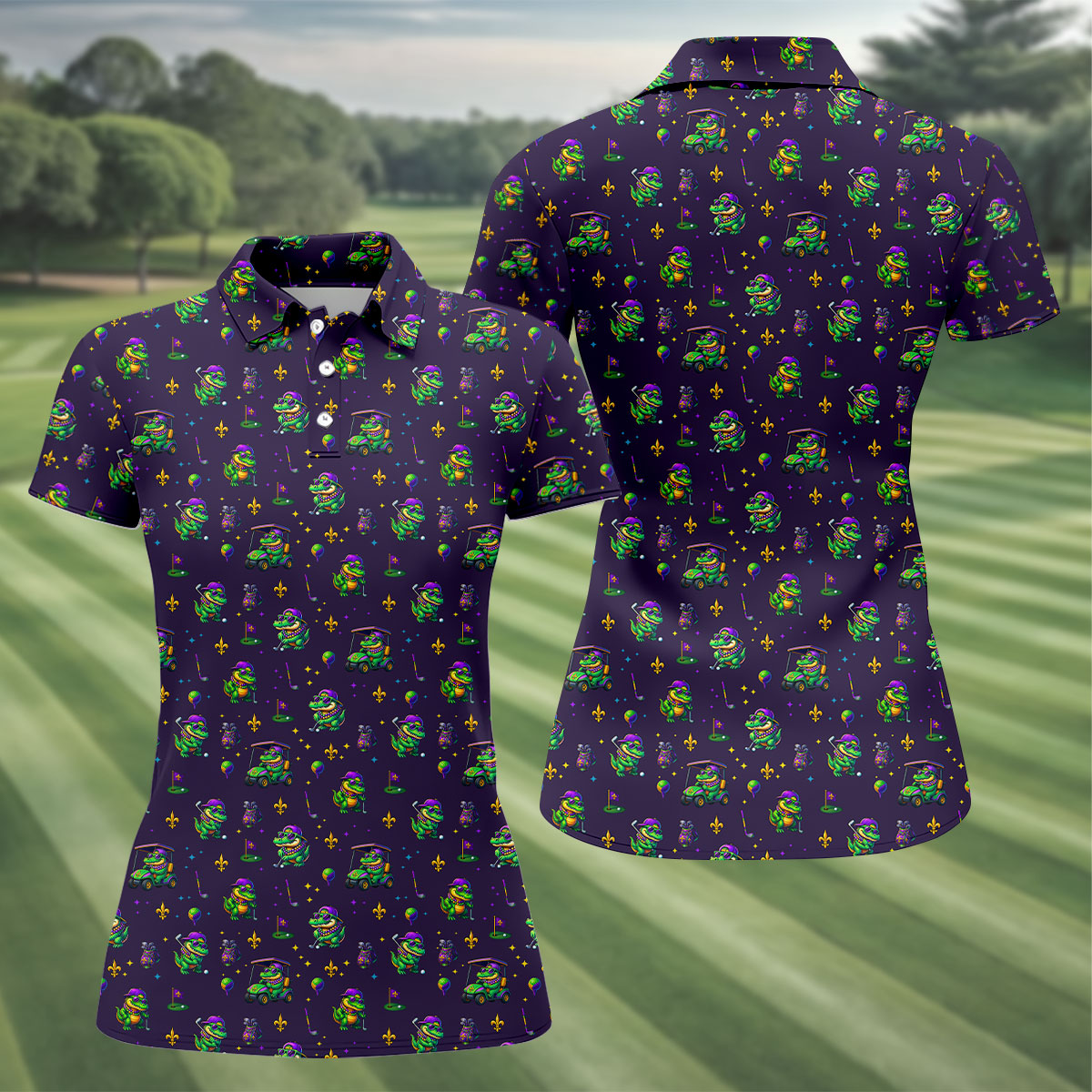 Funny Crocodile Mardi Gras Golf Shirts, Purple Golf Shirt, Festive Women Golf Top, Ladies Golf Shirts