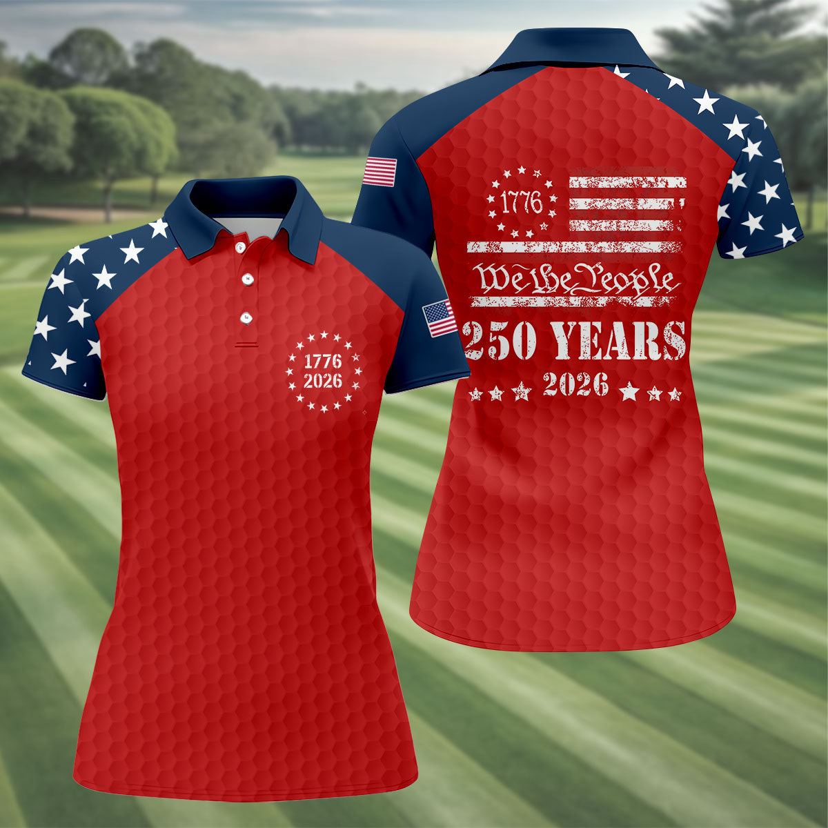 We The People 250 Years Golf Ball Pattern Golf Shirt, Patriotic 4th Of July Golf Shirt For Women