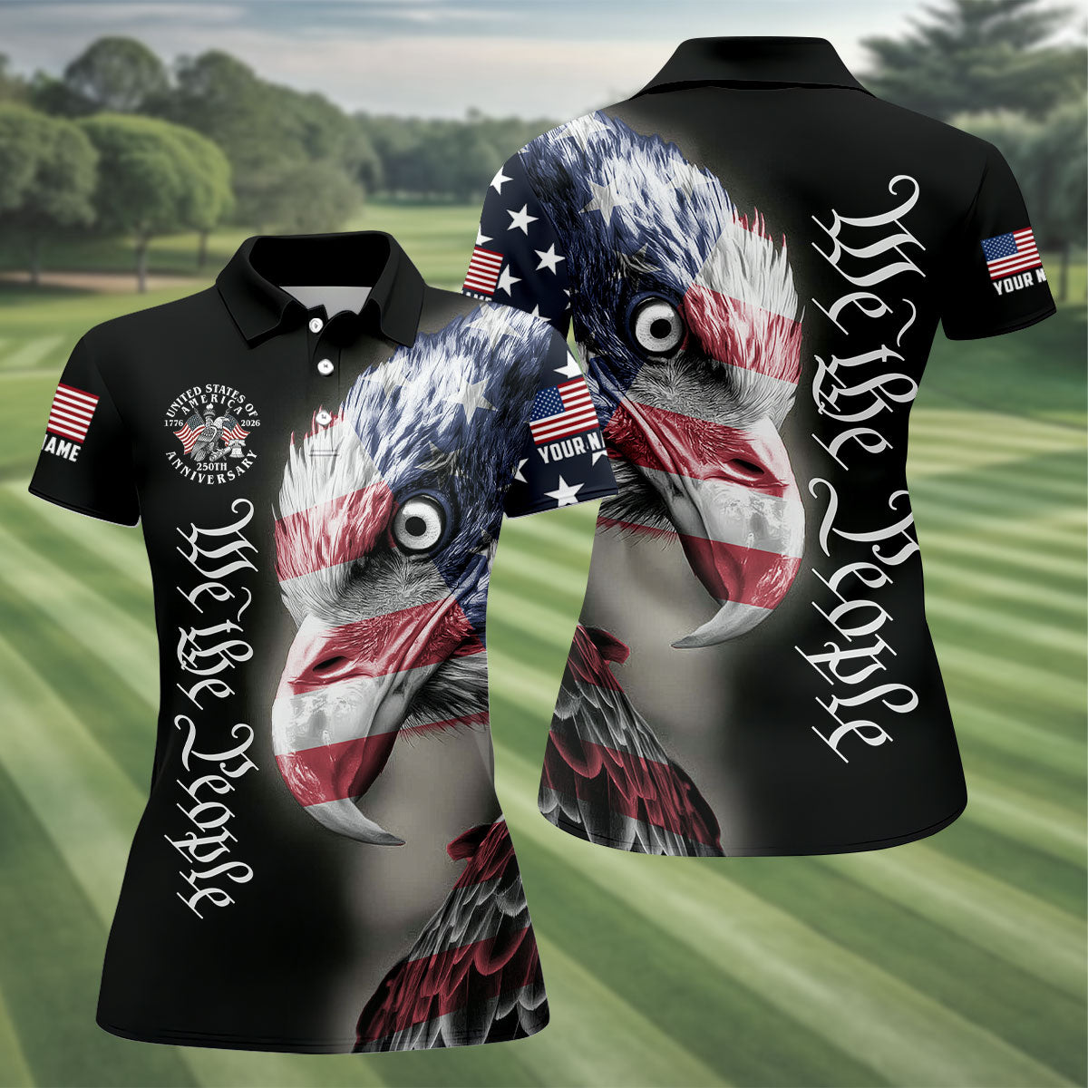 We The People Patriotic Bald Eagle American Flag Golf Shirt, 250 Years 4th Of July Golf Shirt For Women