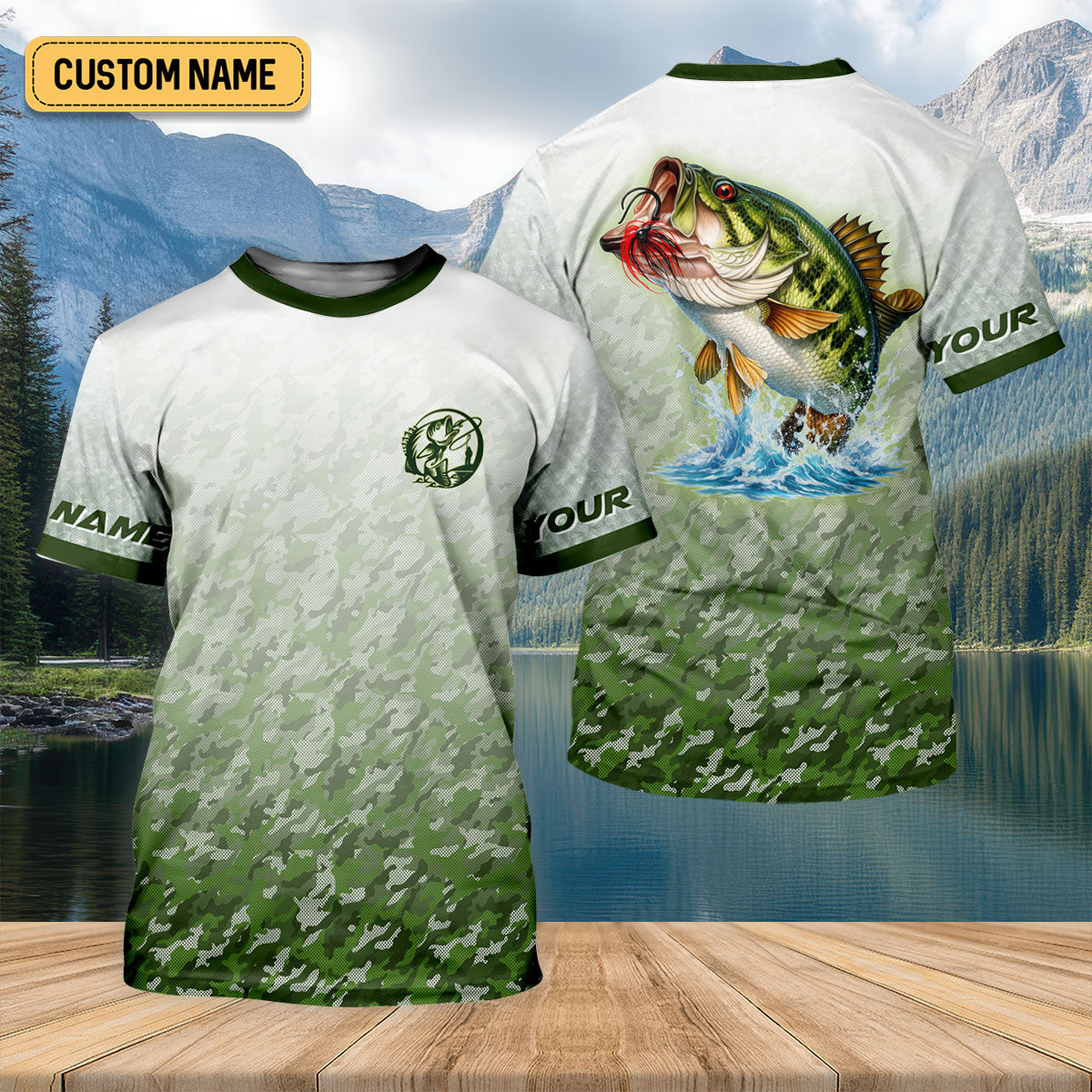Custom Largemouth Bass Fishing Shirt for Men, Camo Green Angler Shirt, Fishing UPF Shirts