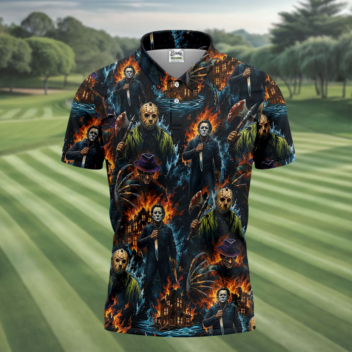 Horror Character Fire Collage Halloween Polo Shirt, Mens Golf Shirts, Mens Polo Shirts