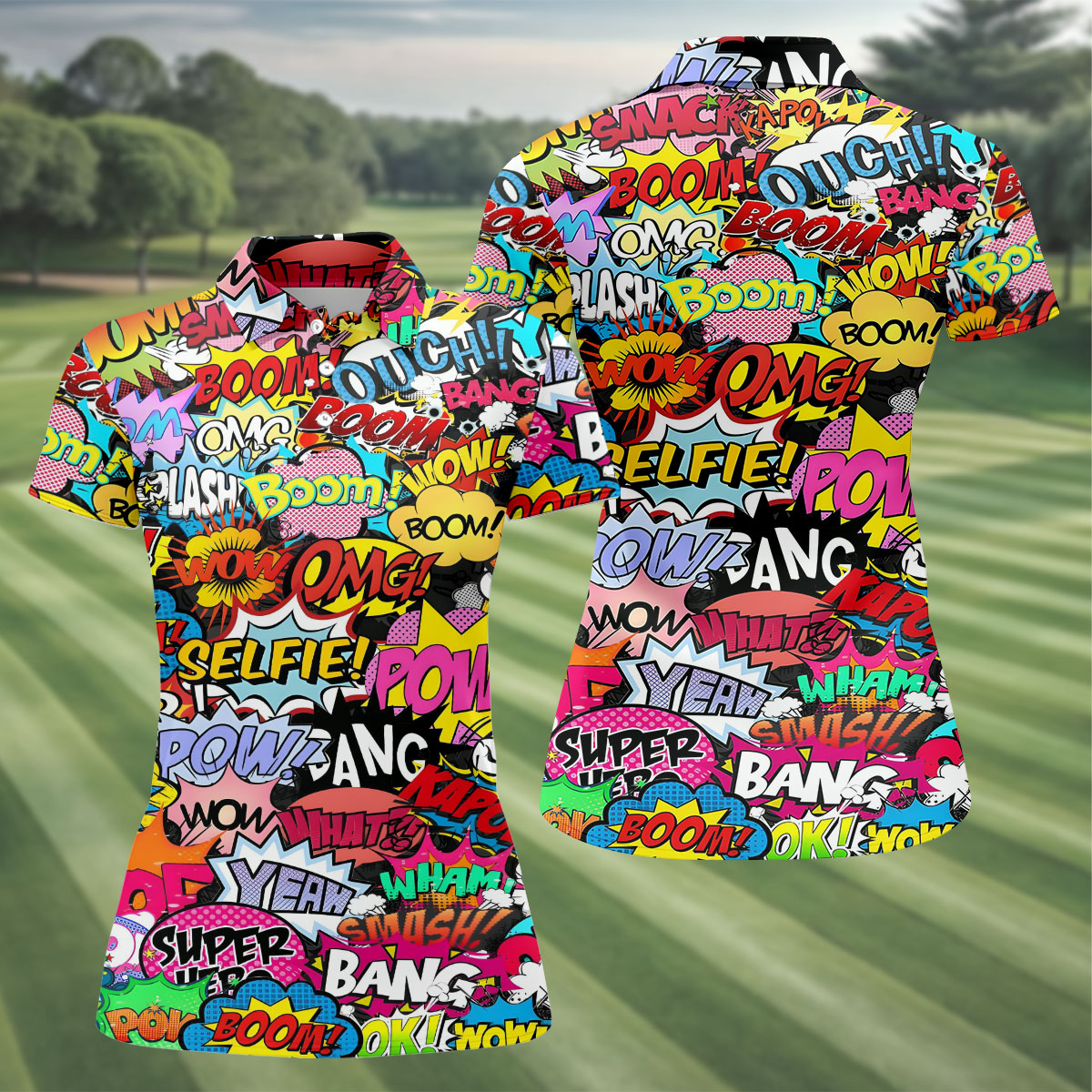 Comic Pop Art Golf Shirt, Retro Speech Bubble Pattern, Polo Shirts For Women
