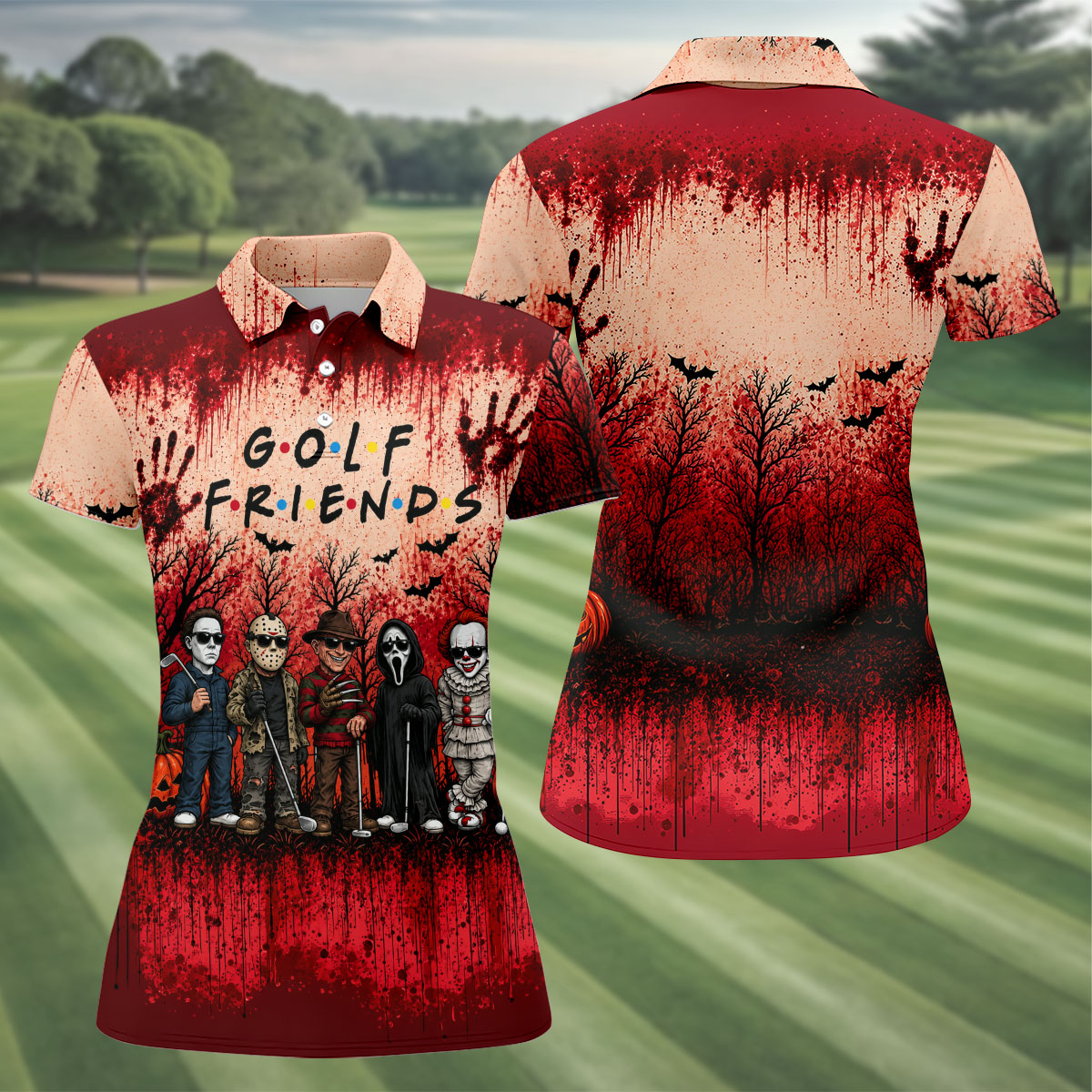 Golf Friends Halloween Horror Character Group Polo Shirt, Women's Golf Polo, Golf Apparel