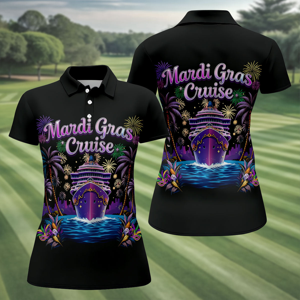 Mardi Gras Cruise Festive Theme Women's Golf Shirts, Women's Golf Tops, Ladies Golf Shirts