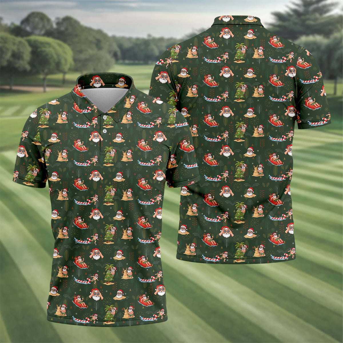 Funny Santa Summer Christmas Pattern Polo Shirt, Mens Golf Polo, Golf Shirts For Men
