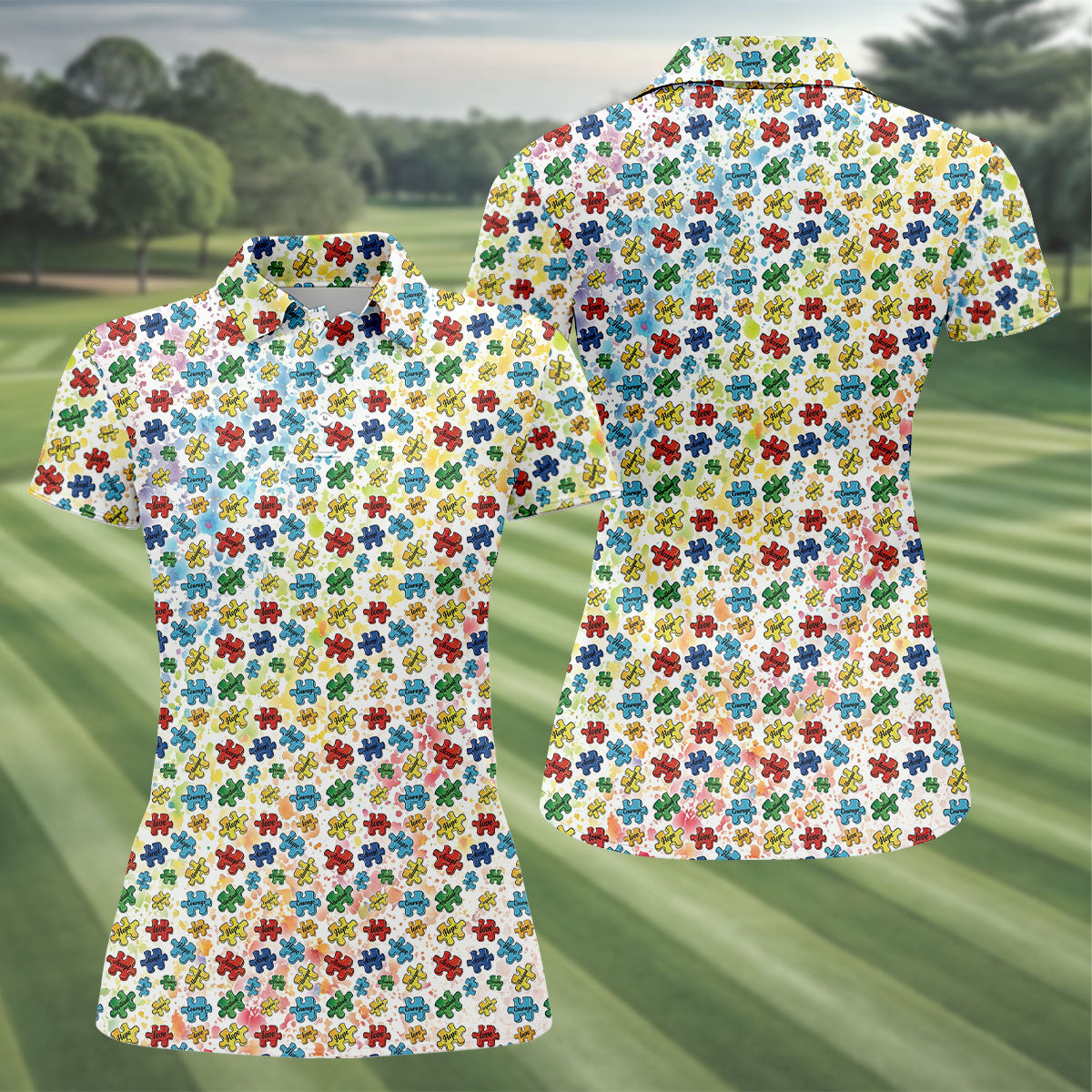 Autism Awareness Jigsaw Puzzle Pieces Rainbow Paint Splatter Golf Shirt For Women, Ladies Golf Polos