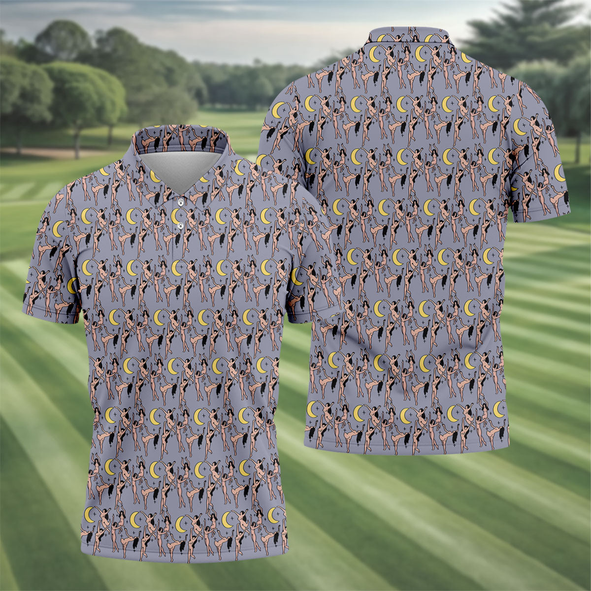 Dancing Figures Moon And Stars Pattern Polo Shirt, Mens Golf Shirts, Golf Apparel For Men