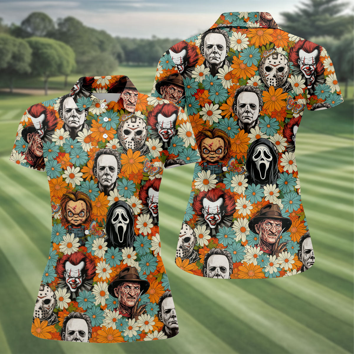 Floral Horror Character Halloween Golf Shirt, Women's Golf Apparel, Printed Golf Shirt