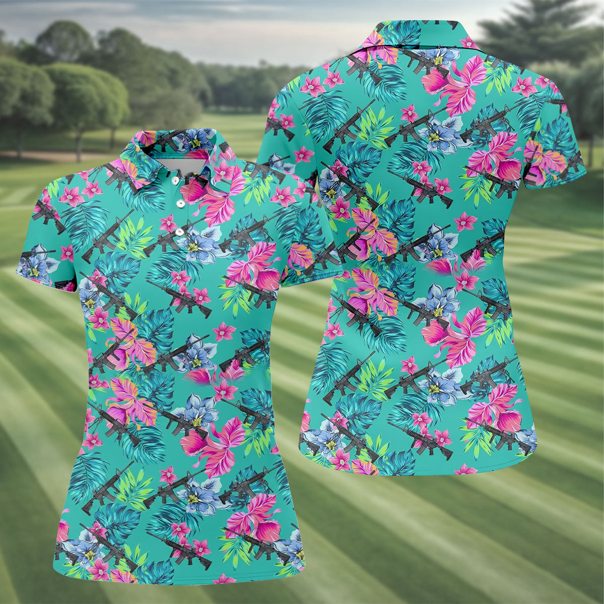 Hawaiian Floral With Army Theme Women Golf Top, Ladies Golf Shirts, Golfing Apparel