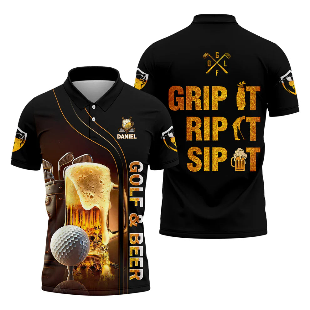 Grip It Rip It Sip It Golf Beer Shirt, Fun Golf Shirts For Men, Funny Golf Polo ShirtDad Golf Gifts