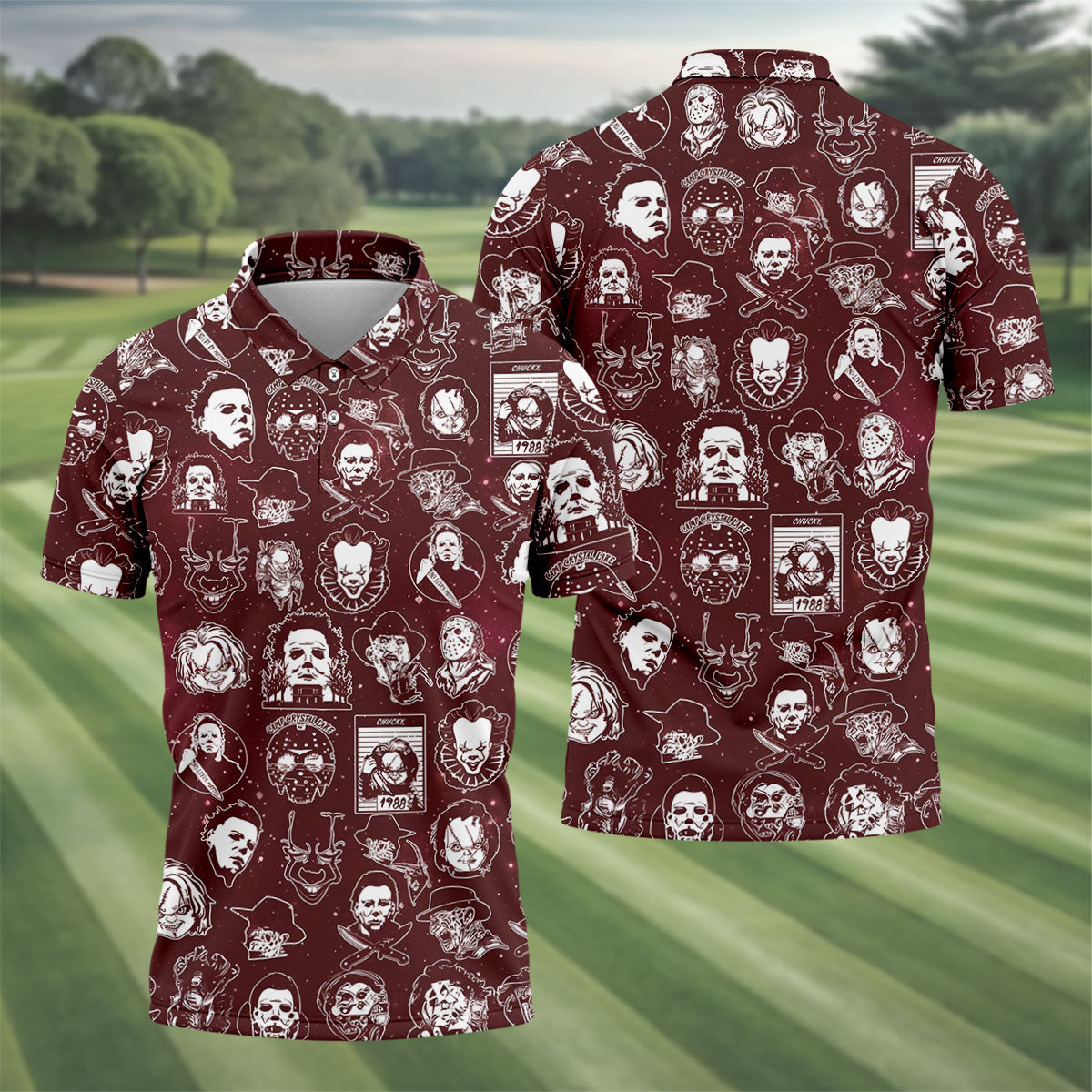 Vintage Halloween Horror Character Pattern Golf Shirt, Men's Golf Shirt, Hawaiian Golf Shirt