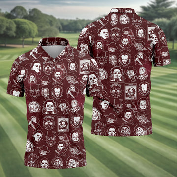 Vintage Halloween Horror Character Pattern Golf Shirt, Men's Golf Shirt, Hawaiian Golf Shirt