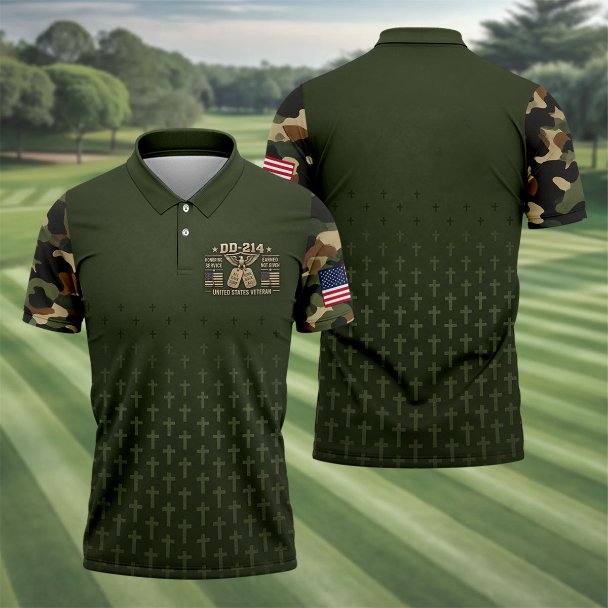 DD-214 Olive Green Cross Camo Polo Shirt, Veterans Day Shirt, Golf Shirts For Men