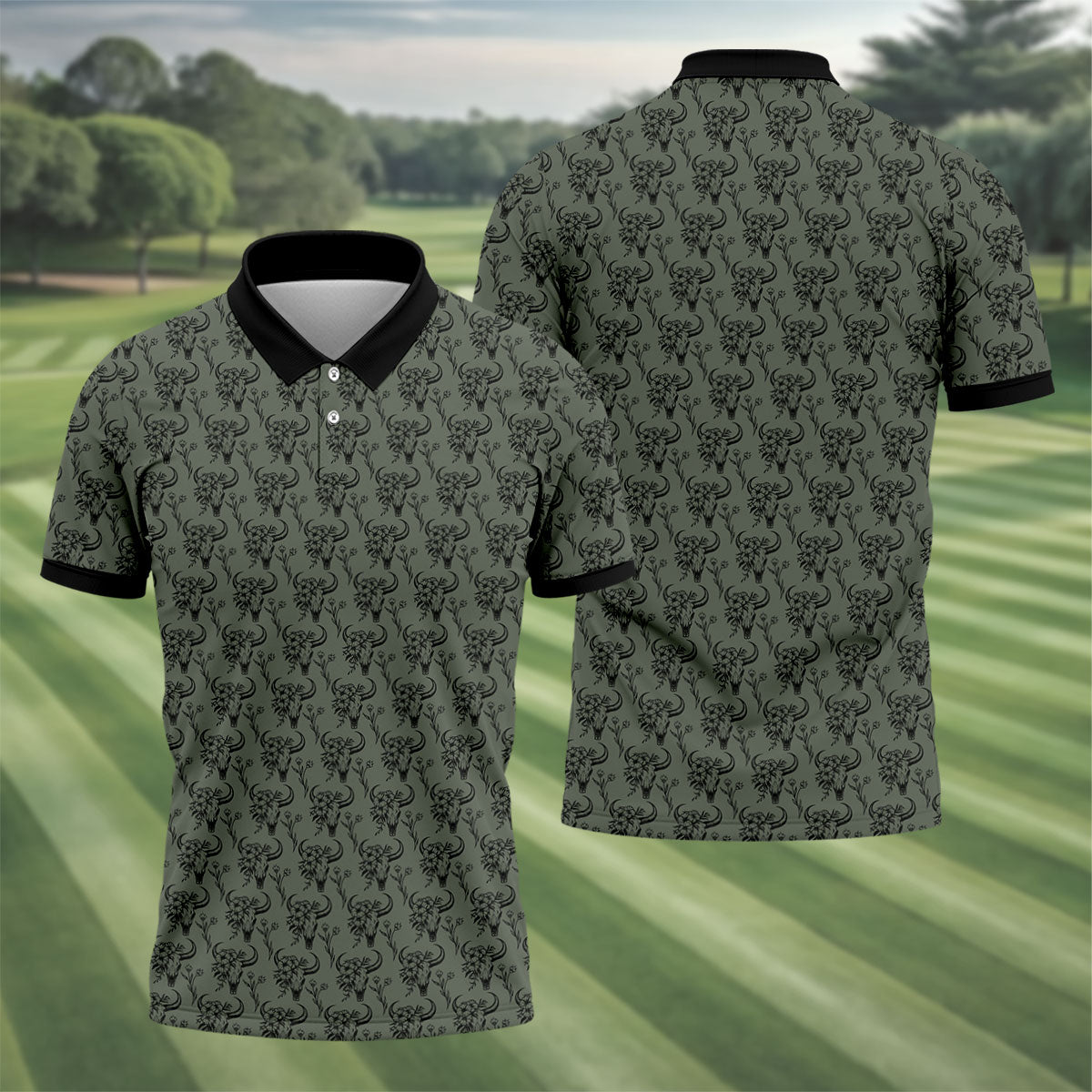 Cow Skull With Flowers Western Theme Forest Green Golf Tops For Men, Polo ShirtFor Men, Golf Shirts For Men