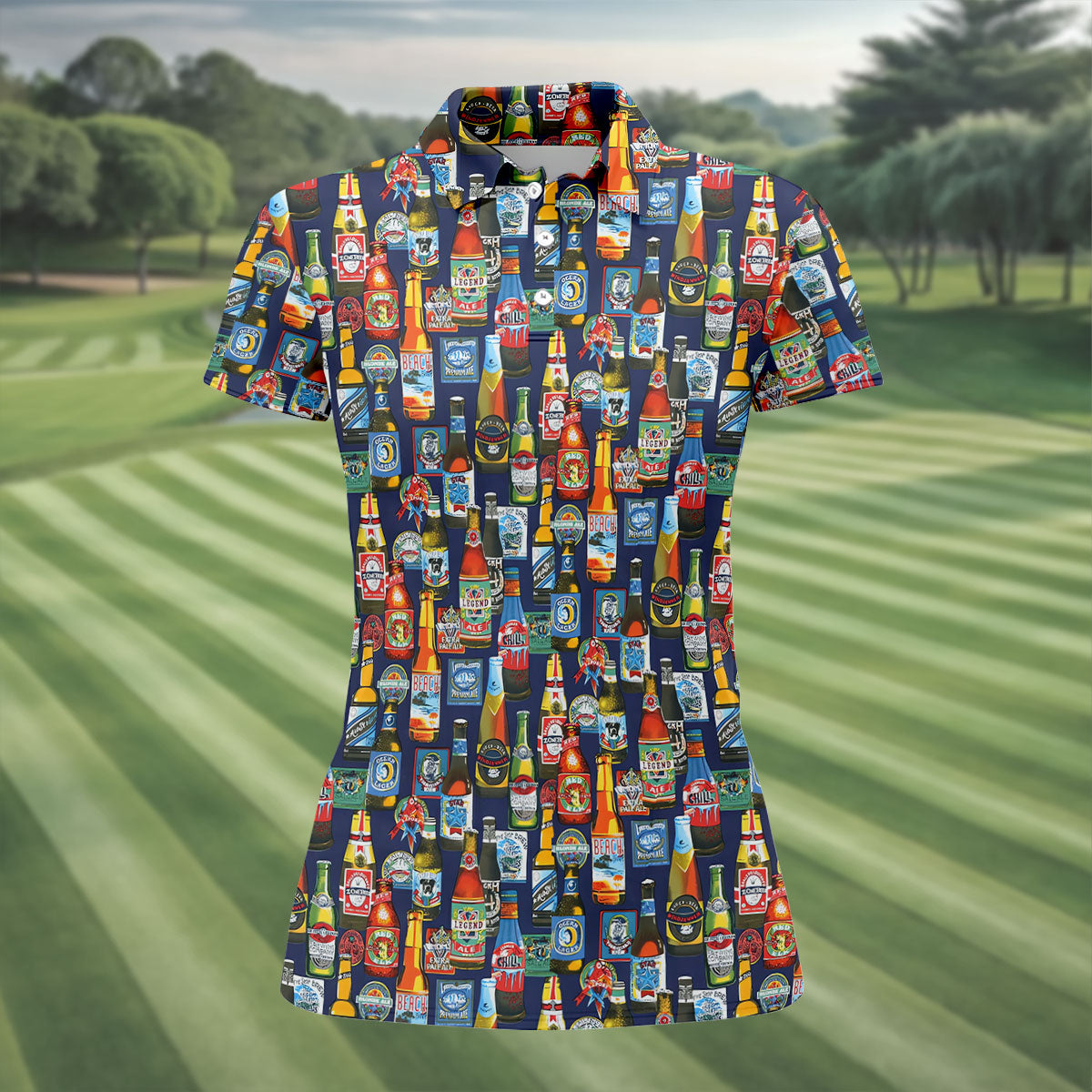 Beer Bottle Labels Navy Golf Shirt, Fun Women's Golf Shirts, Women's Golf Tops, Ladies Golf Shirt