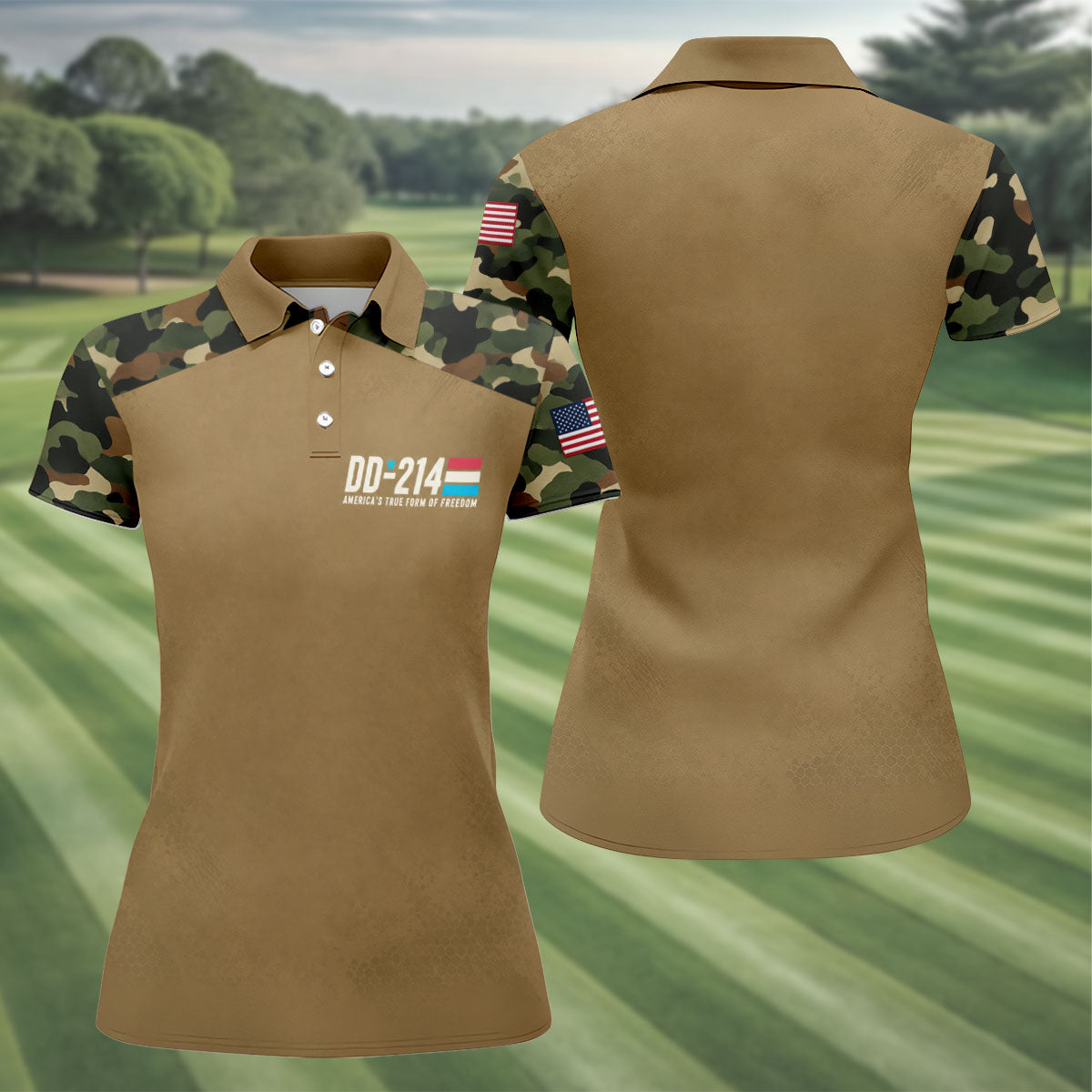 DD-214 Tan Camo Freedom Polo Shirt, Golf Tops For Women, Veterans Day Golf Shirt
