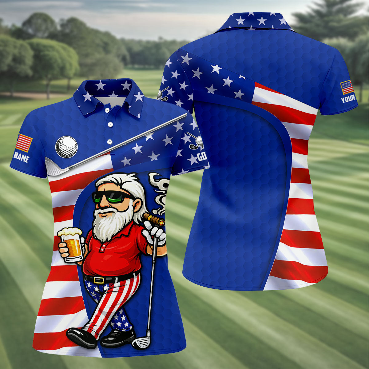 Golf And Beer Patriotic Man Golf Ball Pattern 4th Of July Navy Golf Shirt, 250th Anniversary Women's Golf Tops