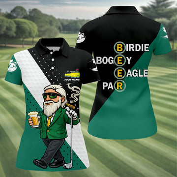 Birdie Boogey Eagle Par Plastered Beer Bottle Logo Women's Golf Shirts, Golf And Beer Fun Golf Shirt