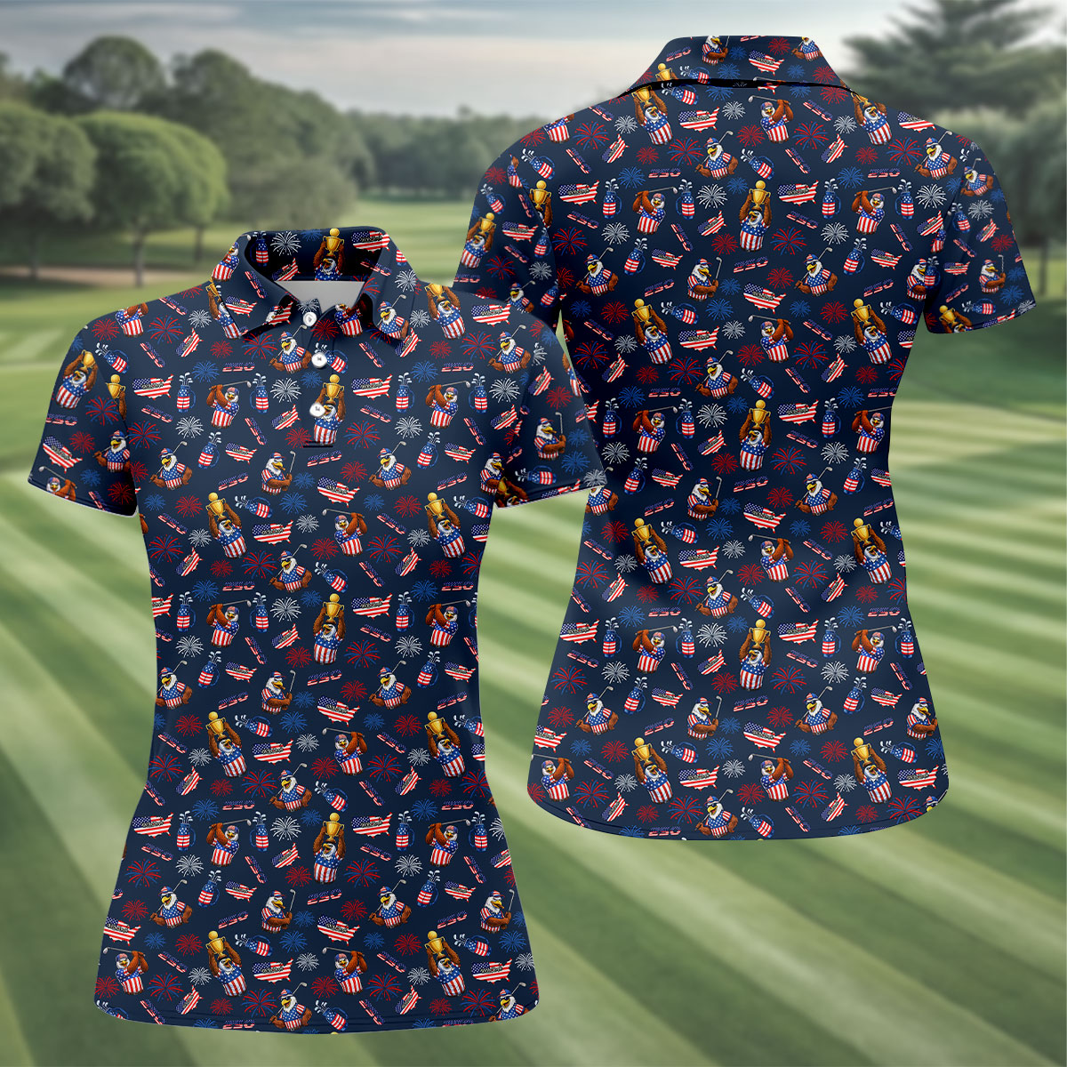 Patriotic Bald Eagle 250 Celebration Ladies Golf Tops, Patriotic 4th Of July Golf Shirt For Women
