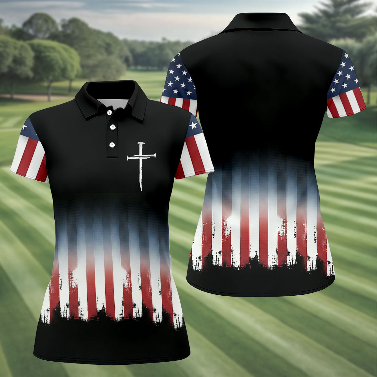 250 Years USA Anniversary 1776-2026 Ladies Golf Tops, Faith Cross Patriotic 4th Of July Golf Shirt For Women