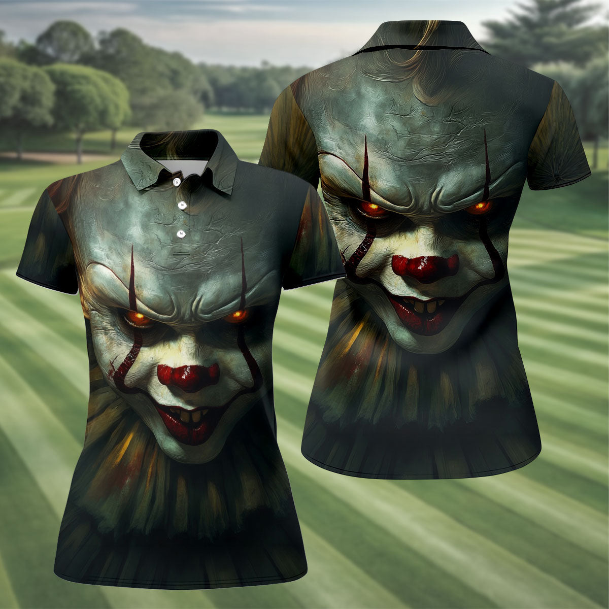 Scary Clown Face Halloween Polo Shirt, Golf Tops For Women, Women’s Golf Apparel