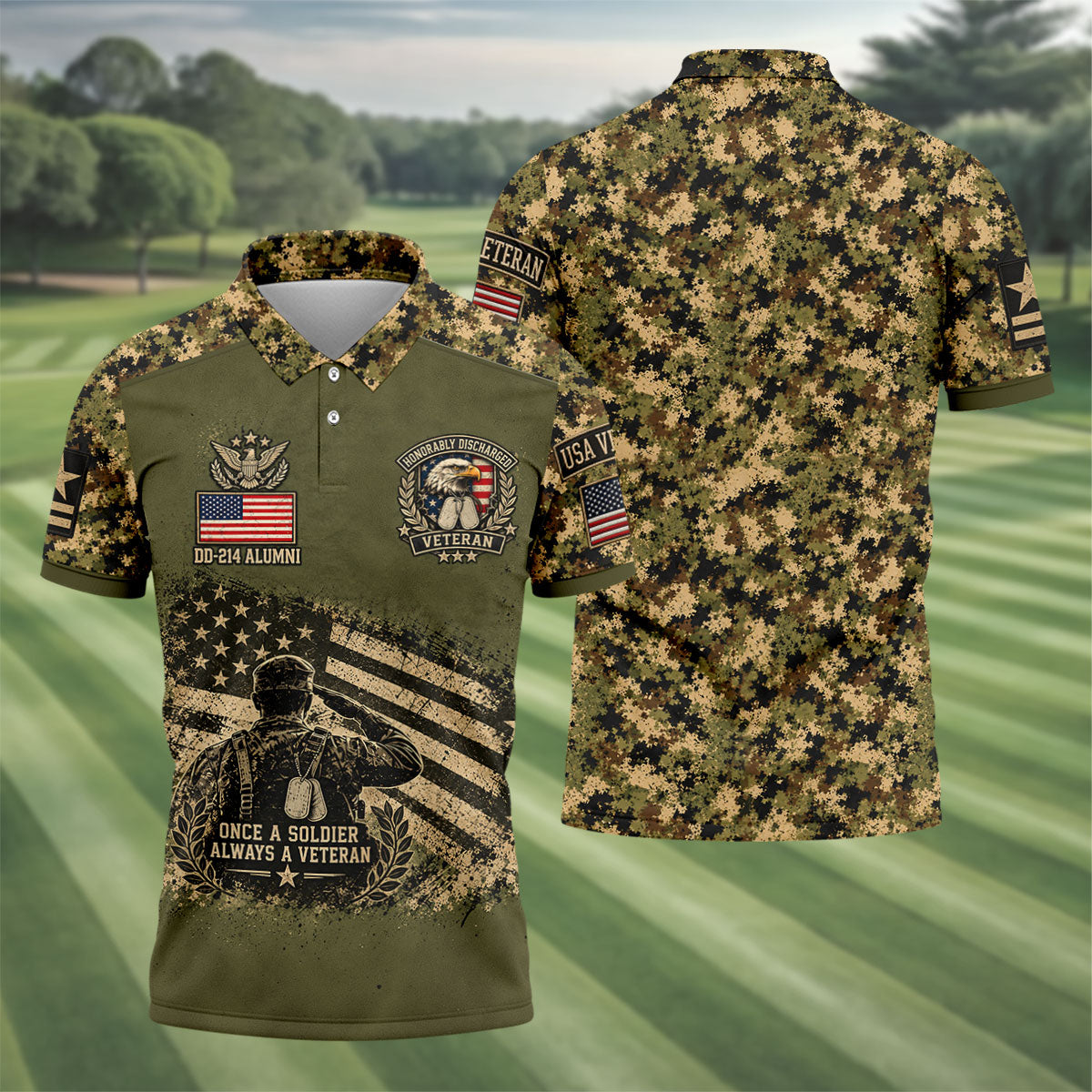 DD-214 Soldier Flag Camo Golf Polo Shirt, Mens Golf Apparel, Veterans Day Golf Shirt