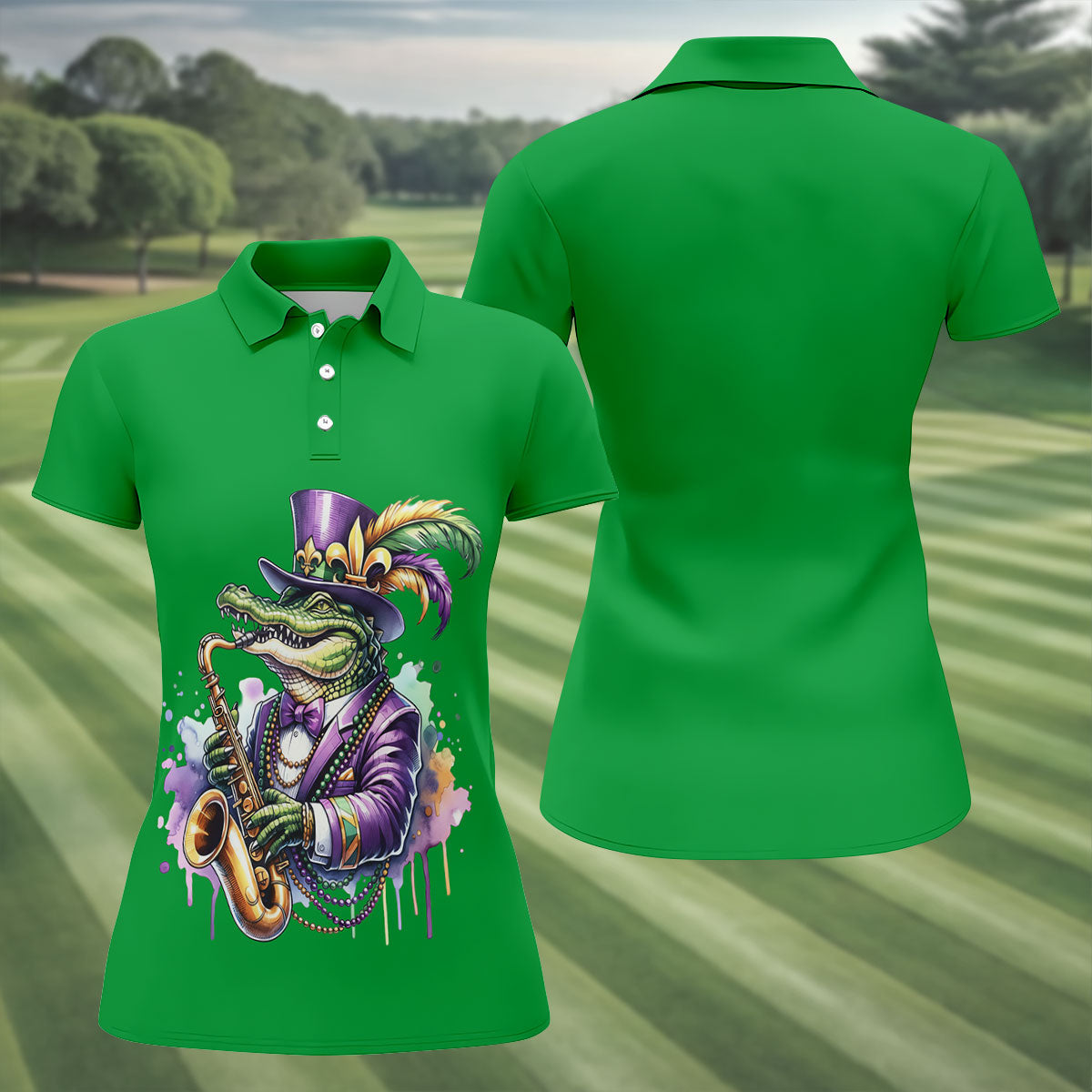 Mardi Gras Alligator Playing Saxophone Green Golf Shirt, Women's Golf Tops, Ladies Golf Shirt