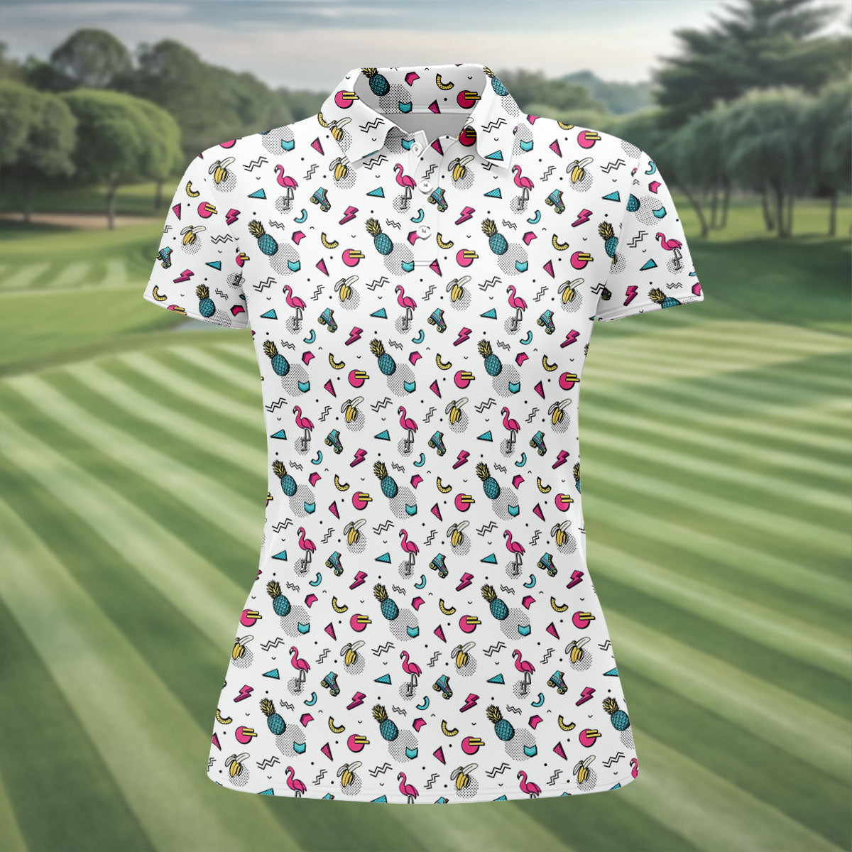 White Retro Summer Flamingo Pattern Golf Polo Shirt, Golf Shirts For Women, Women's Golf Polo