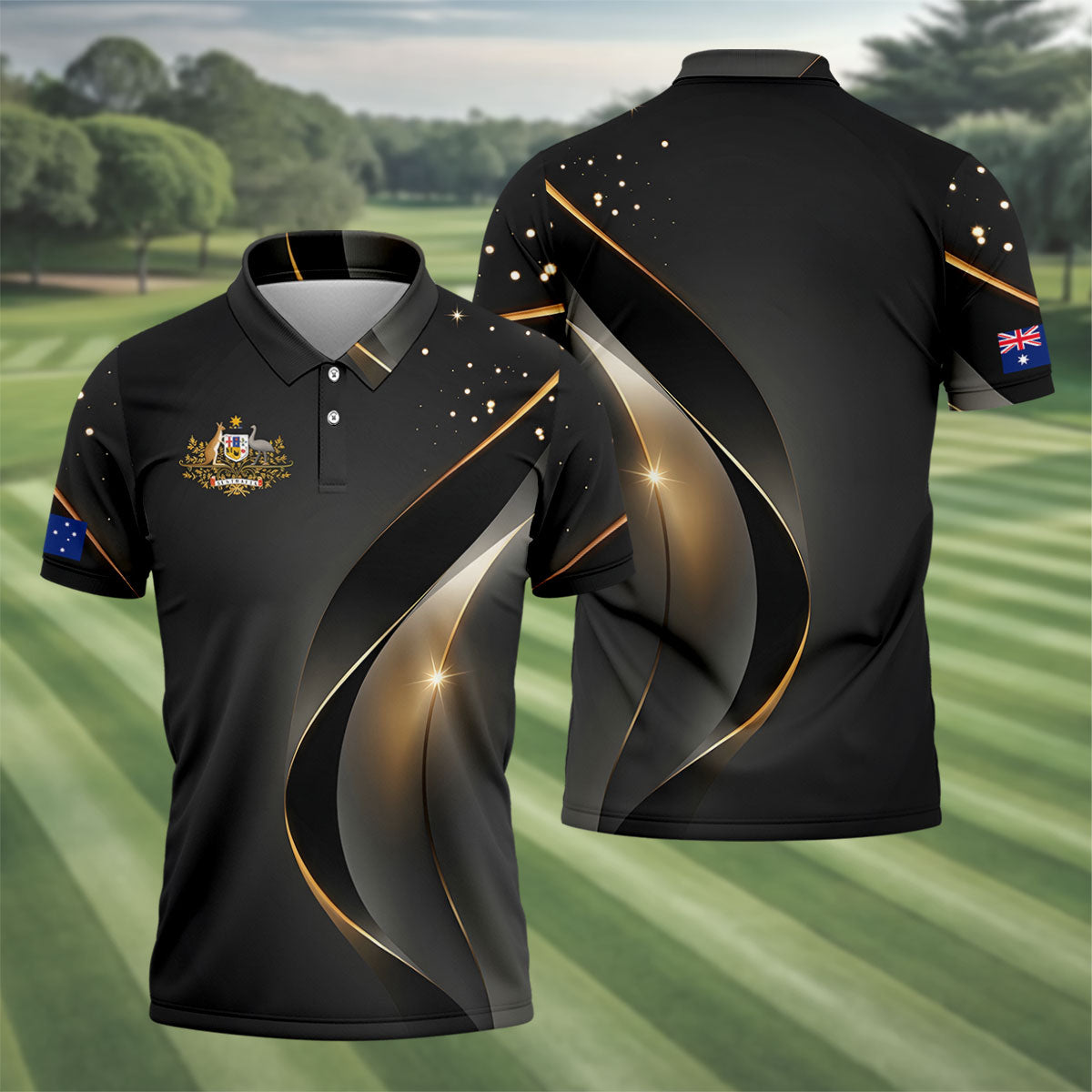Australian Coat Of Arms Black And Gold Gradient Golf Tops For Men, Polo Shirts For Men
