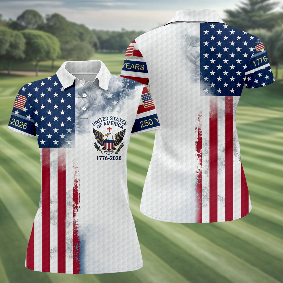 USA Flag Pattern 1776-2026 Distressed Vintage Golf Shirt, 250th Anniversary 4th Of July Women's Golf Tops