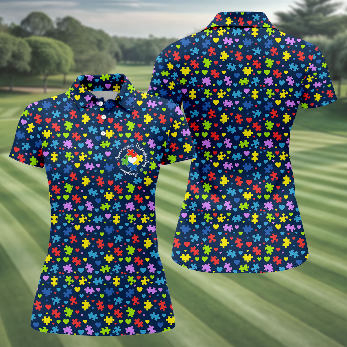 Awareness Understanding Acceptance Autism Navy Golf Shirt For Women, Ladies Golf Polos