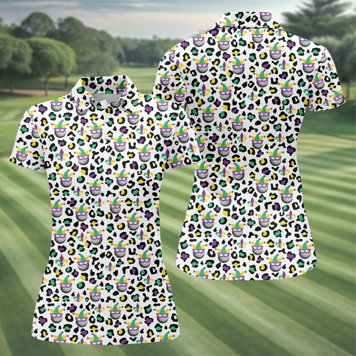 Mardi Gras Mask Leopard Spots Funny Golf Ball Women's Golf Tops, Fun Women's Golf Shirts, Ladies Golf Polos
