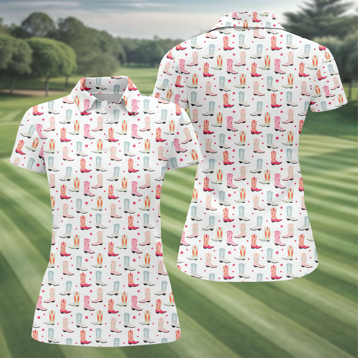 Western Boot Pattern Pastel Shades Retro Golf Shirt, Ladies Golf Polos, Golf Shirt For Women