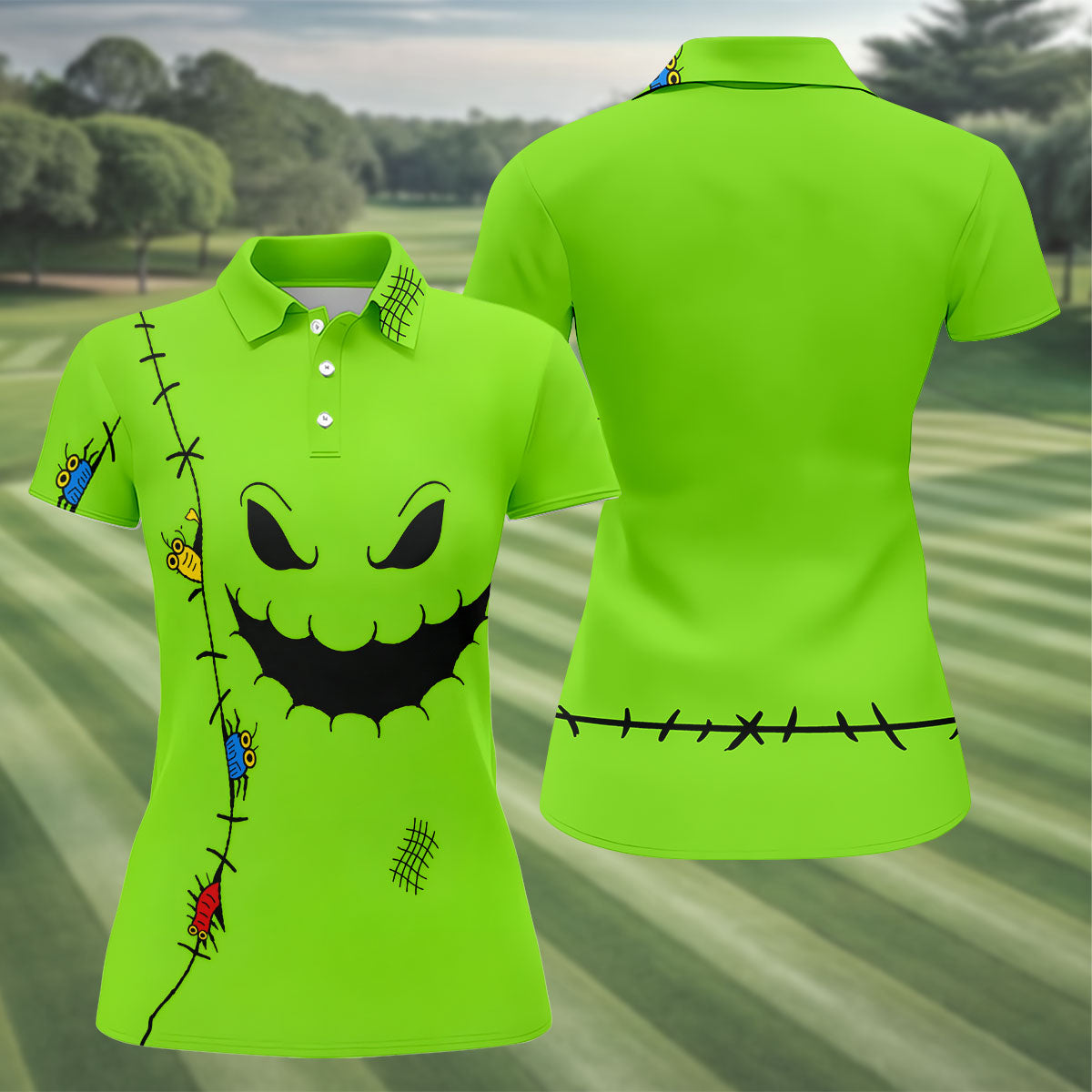 Halloween Monster Face Sleeveless Golf Polo Shirt, Women's Golf Tops, Golf Tops For Women