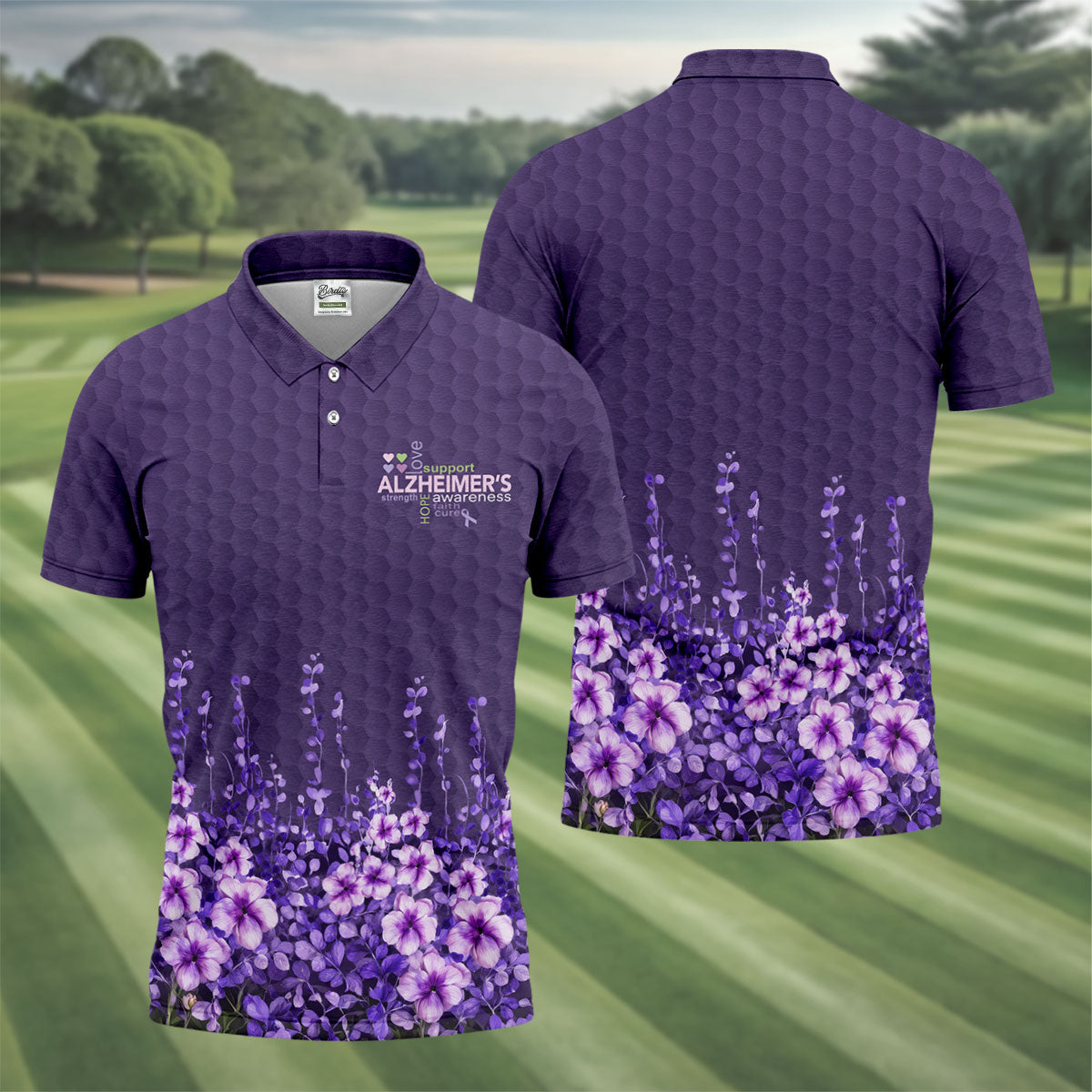 Purple Alzheimer's Awareness Floral Polo Shirt, Golf Polo Shirts For Men, Mens Golf Polo