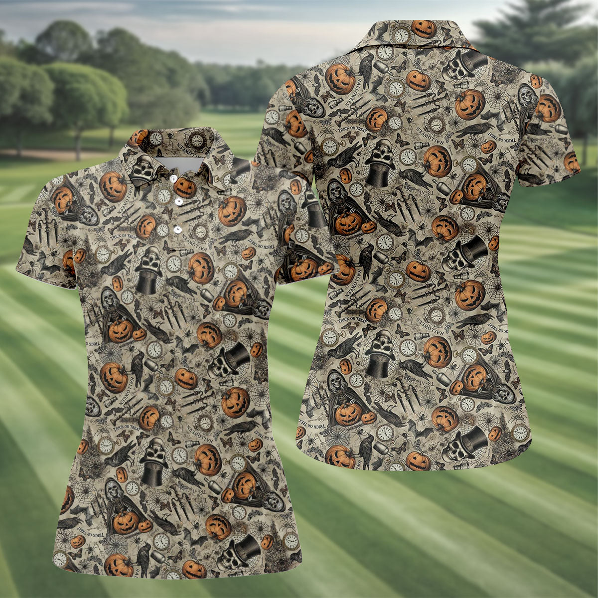 Pumpkin Skull Halloween Sleeveless Golf Shirt, Golf Tops For Women, Womens Golf Tops