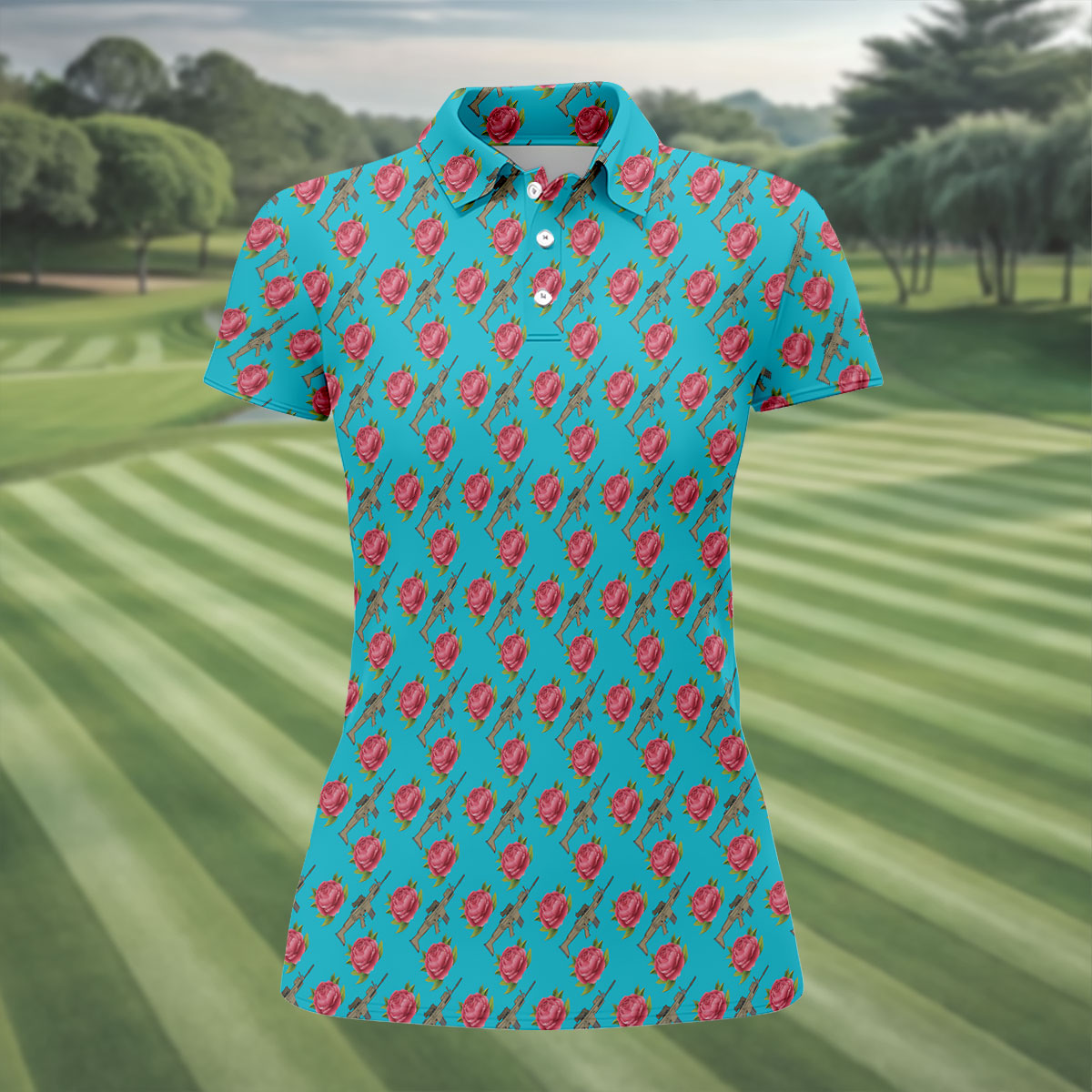 Gun And Rose Seamless Pattern Blue Golf Shirt, Women's Golf Tops, Ladies Golf Shirt