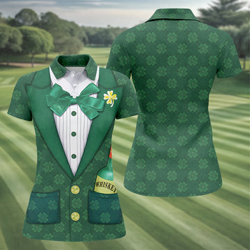 St Patrick's Day Green Shamrock Suit Whiskey Golf Print Golf Shirt, Women's Golf Tops, Ladies Golf Polos