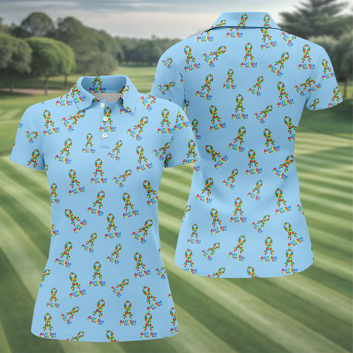 Autism Awareness Colors Autism Ribbon Blue Golf Shirt, Women's Golf Tops, Ladies Golf Polos