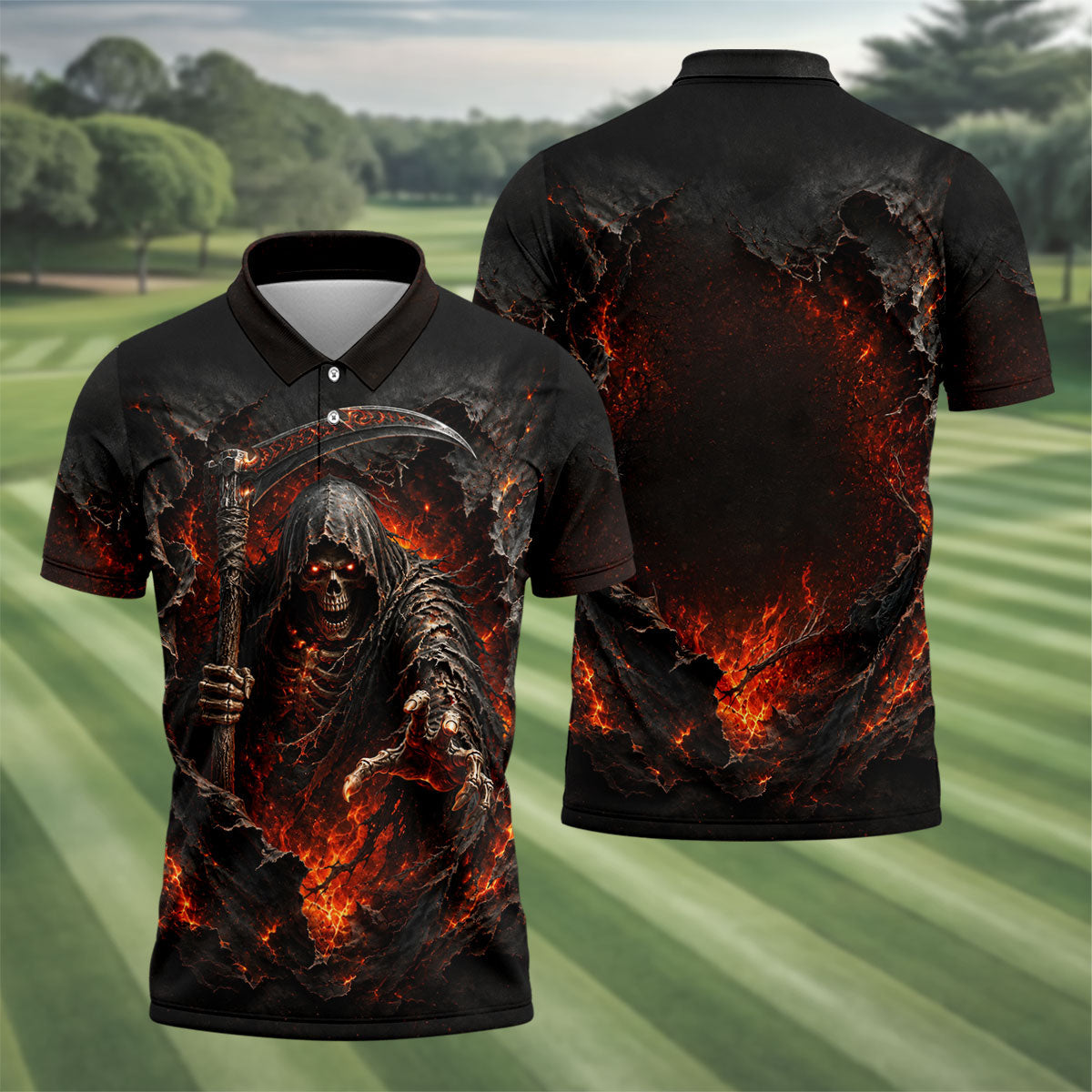 Halloween Grim Reaper Horror Character Polo Shirt, Mens Golf Shirts, Golf Apparel For Men