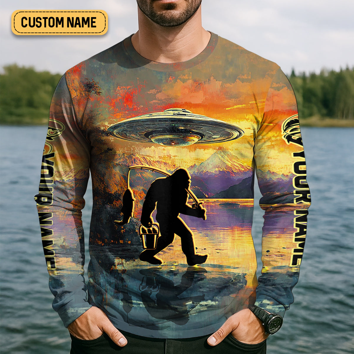 Gone Squatchin And Catchin UFO Bigfoot Fishing UPF Shirts, Fishing Gifts For Men, Fishing Shirts For Men